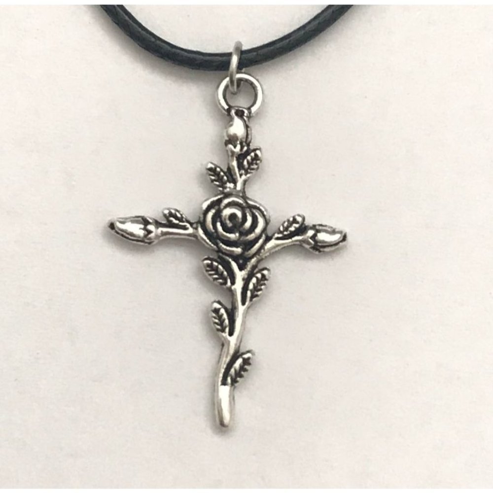 Silver Tone Rose Cross Black Waxed Cord Necklace